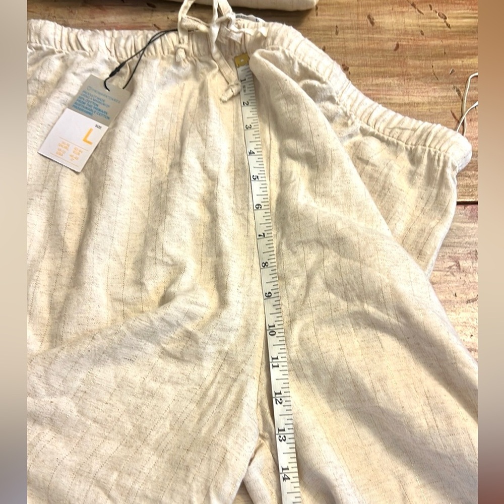 NWT,Neutral Linen Blend Textured Lounge Set Button Top + Fringe Pants EUC Size L - Picture 11 of 15